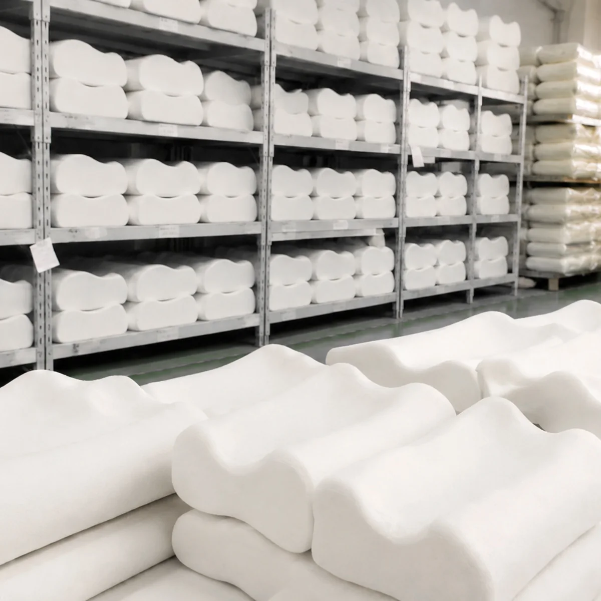 Organized storage of shaped foam pillow cores at Kingworth