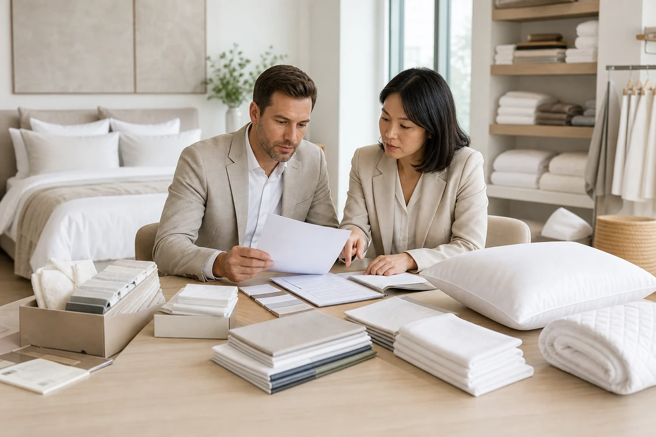 B2B buyers reviewing bedding and comfort-product samples