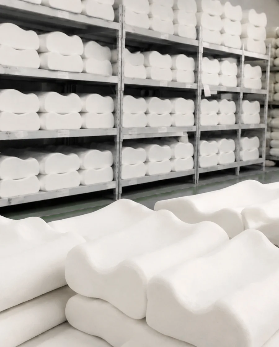 Organized storage of shaped foam pillow cores at Kingworth