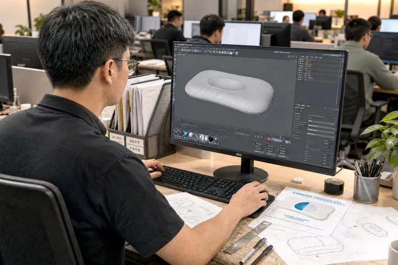Engineer reviewing 3D memory foam pillow modeling on screen