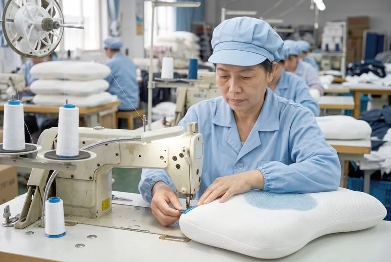 Sample pillow being sewn in the workshop