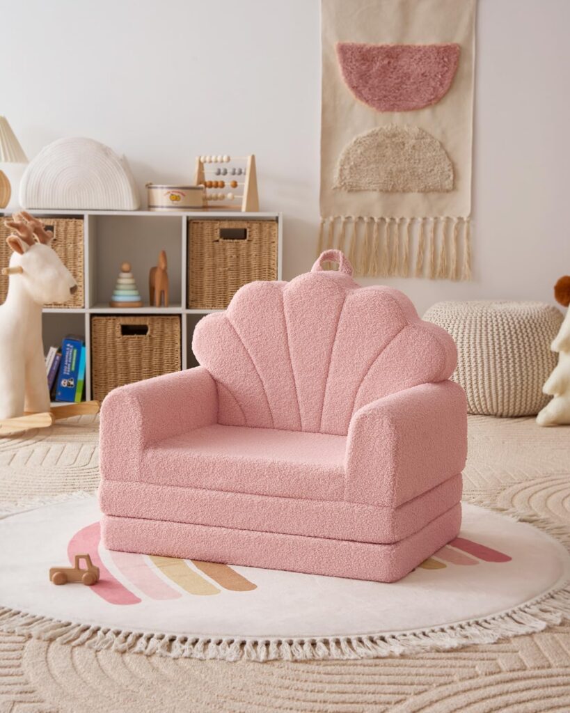 2-in-1 Foldable Kids Couch Shell Pink Soft Kids Sofa Chair for Toddler Playroom Reading