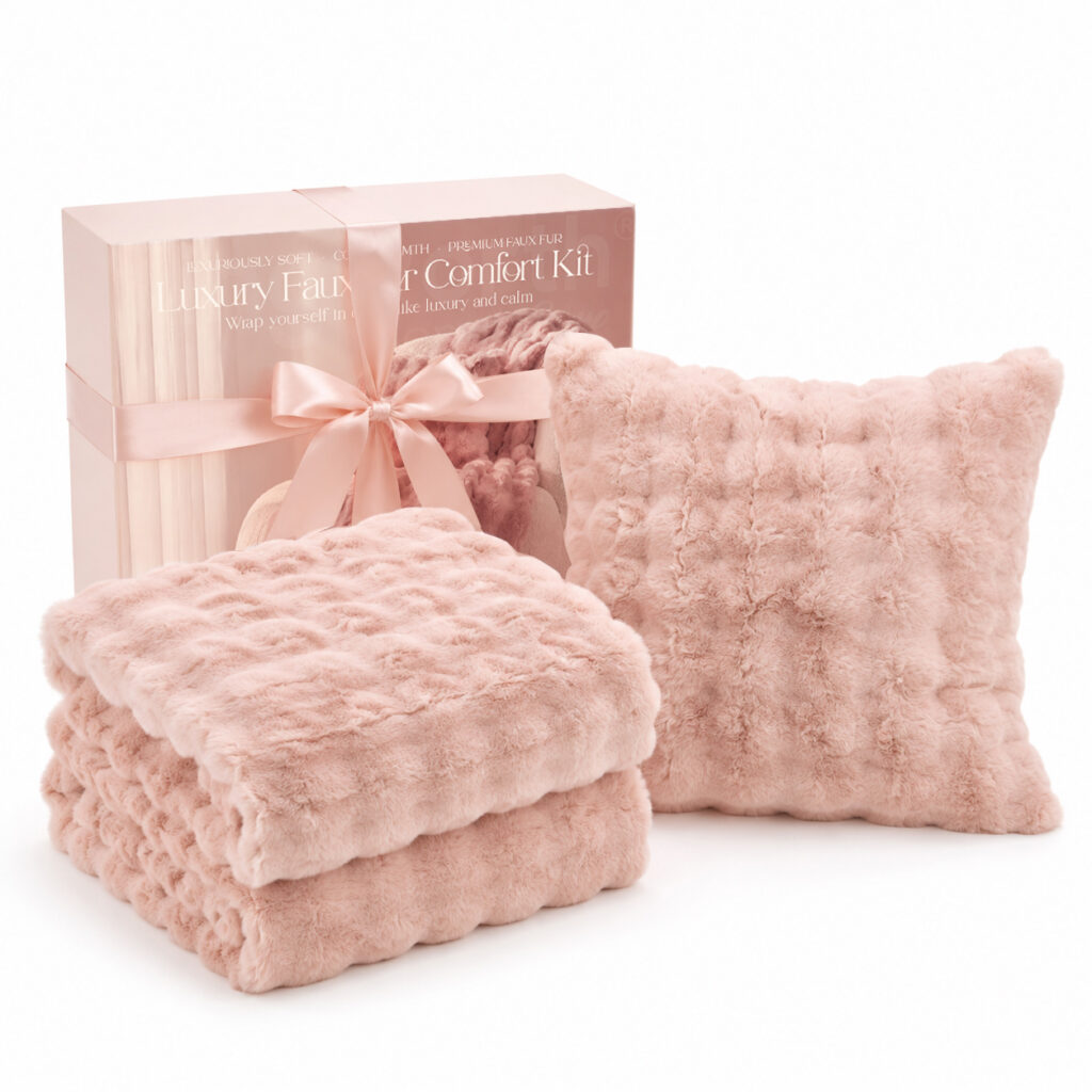Luxury Bubble Faux Fur Blanket & Cushion Set Ultra Soft Fluffy for Indoor Use | Kingworth